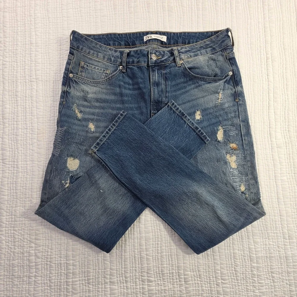 Zara Jeans Men's 36x30 Med Wash Destroyed Patched Tapered Leg Stretch Denim